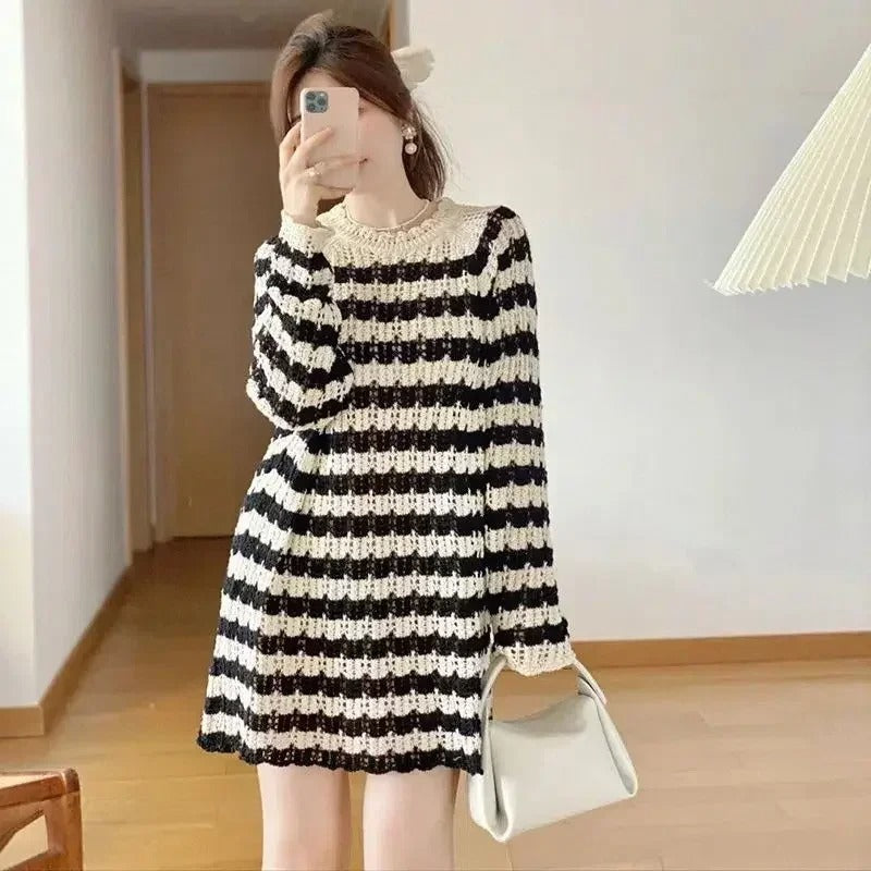 Women Striped Knitted Long Sleeve Dress