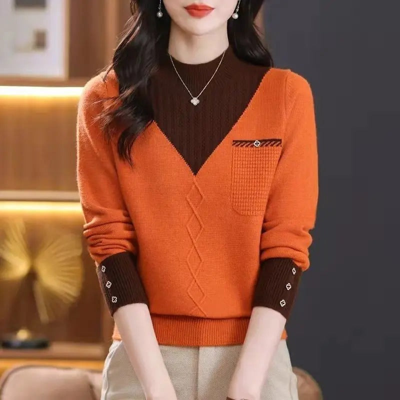 Women Half Collar Contrasting Color Sweater Front View